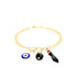 This Blue Evil Eye Figa Hand Curb Chain includes a gold band embellished with three mesmerizing charms: a blue and white Blue Evil Eye, a black faceted bead, and an Azabache horn-shaped charm accented with a vivid red band.